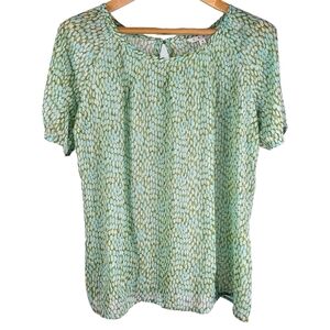 Cabi Womens Blouse, Sheer Green Pebble Print Short Sleeve, Keyhole, Medium
